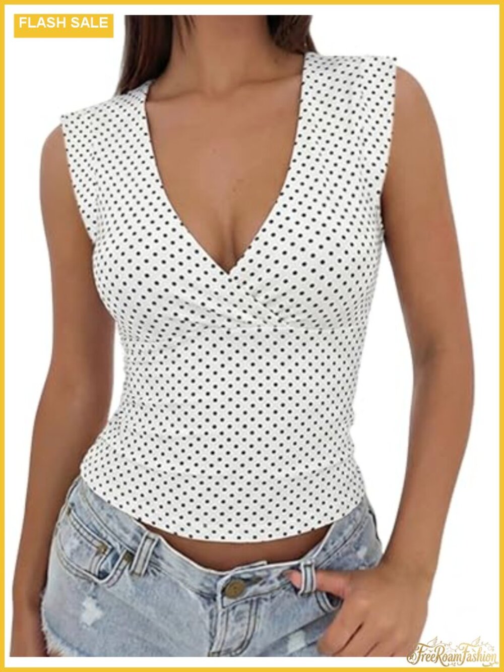 Women's V Neck Polka Dot Crop Tank Top Sleeveless Slim Fit Cute Going Out